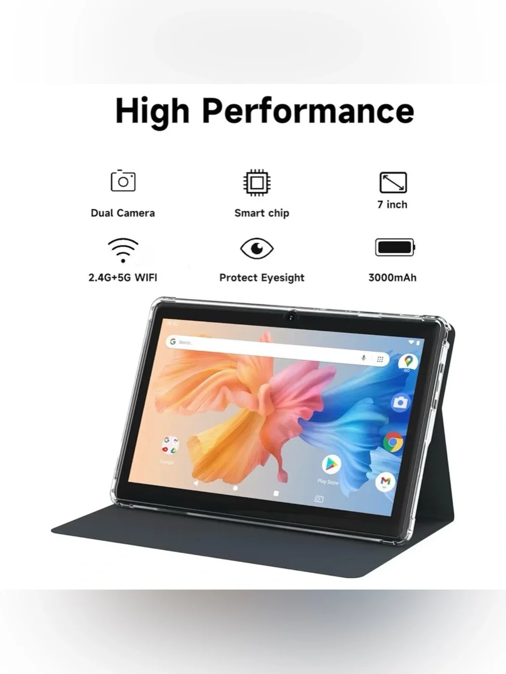Black 7 inch Android 14 Tablet 8GB RAM 32GB ROM w/ dual camera, bluetooth, WiFi